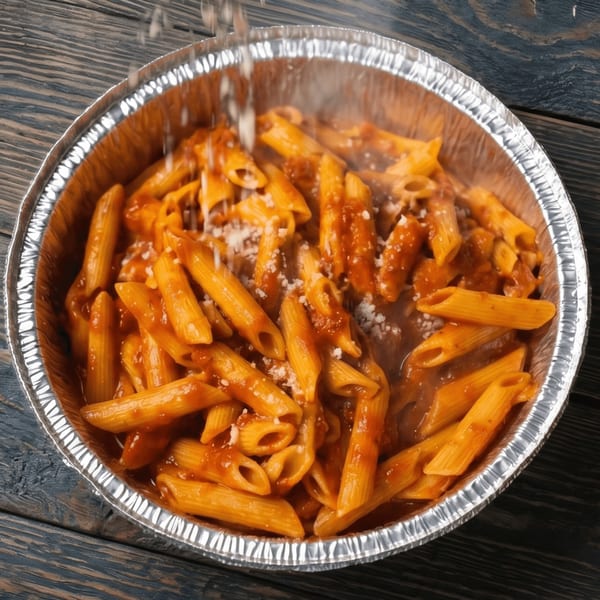 Penne pasta with red sauce and grated cheese in a foil takeout container on a wooden table.