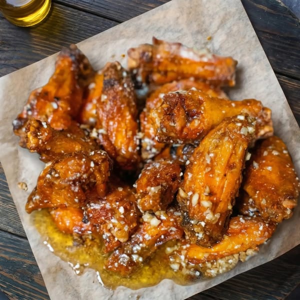 A platter of glazed chicken wings with garlic bits on parchment paper, with a drink in the background.
