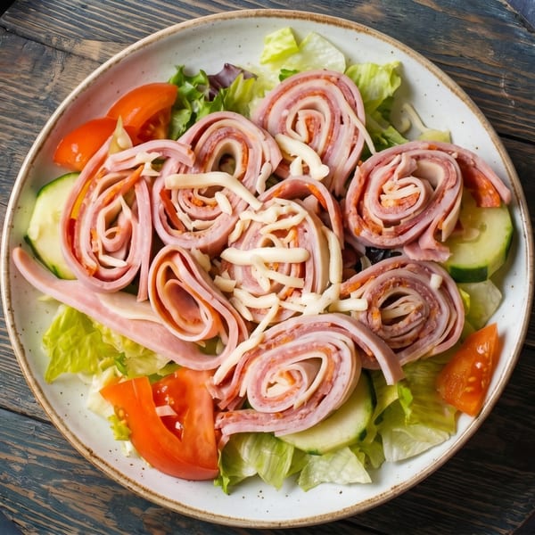 A salad with rolled ham and cheese, lettuce, cucumber slices, and tomato wedges on a white plate.