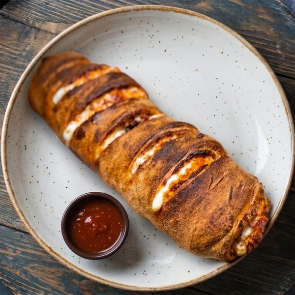A golden-brown calzone with visible cheese and sauce, served with a side of marinara on a white plate.