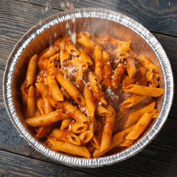 Penne pasta with red sauce and grated cheese in a silver foil takeout container on a wooden table.